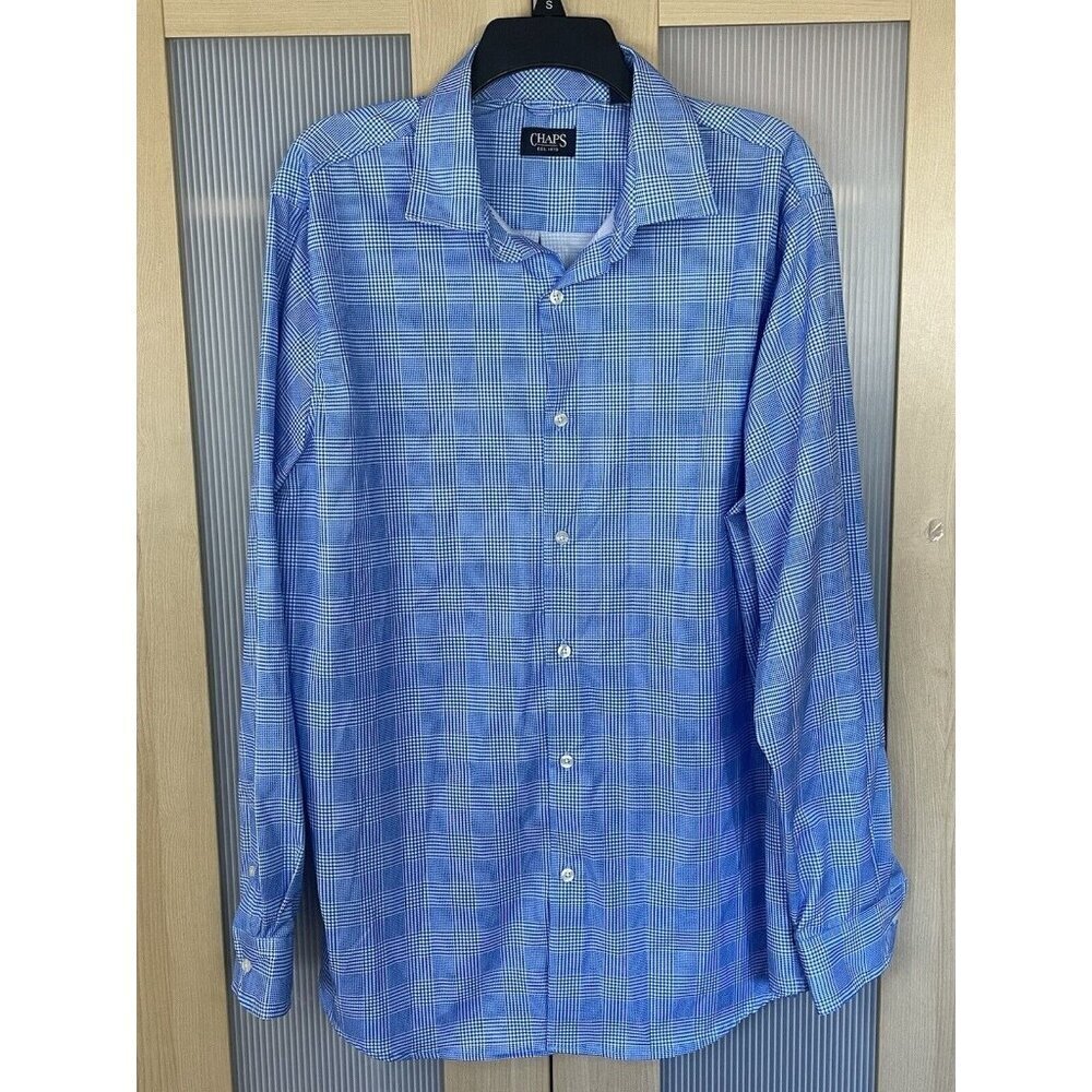 Chaps Men's Button‎ Up Long Sleeve Shirt Sz XL Casual Blue Plaid Stretch Office